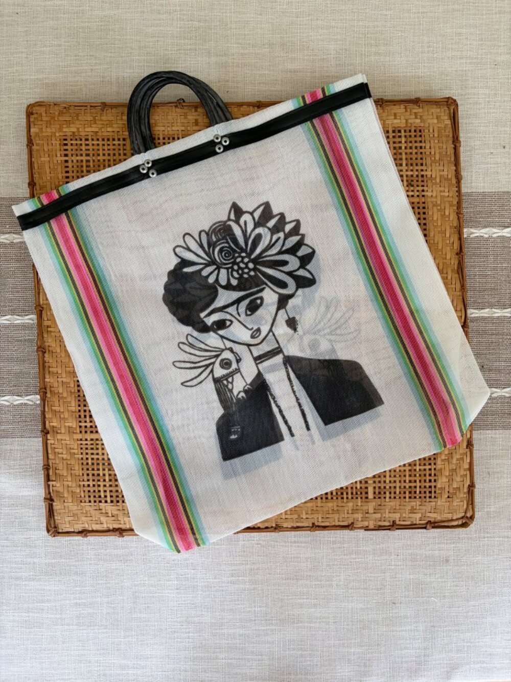 Mexican Mesh Tote Bag - Frida with Parrot - Picture 2 of 2